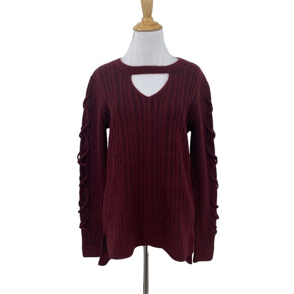 Rock & Republic Cutout Sweater Women XS Extra Small Maroon Lace Up Sleeve Chunky - Picture 1 of 14